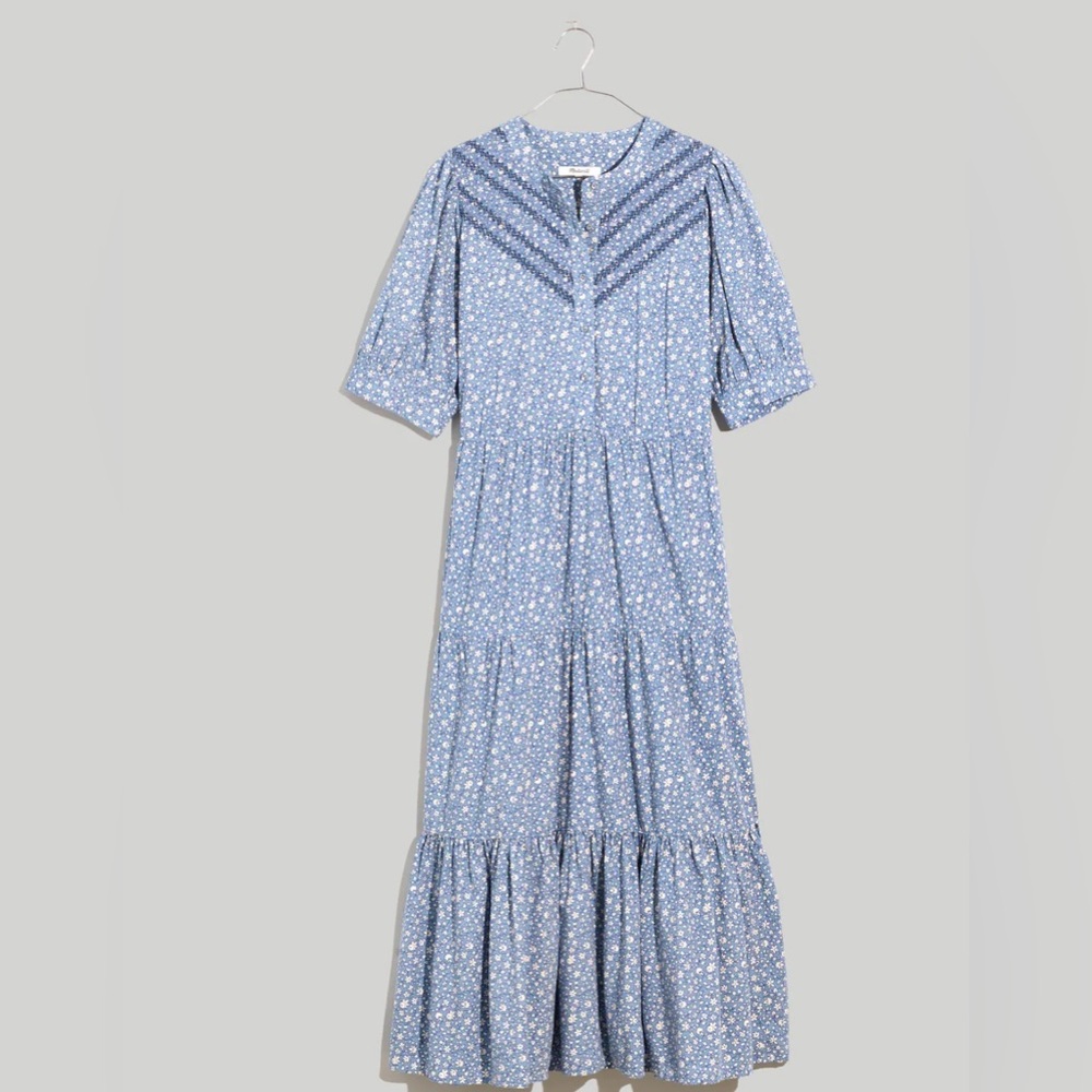 Embroidered Puff-Sleeve Midi Dress in Cottage Garden